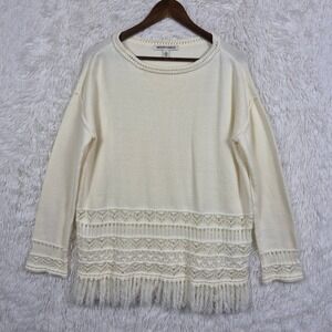 Andrew Charles Cream Crochet Fringe Hem Sweater Womens Large Boho Indie